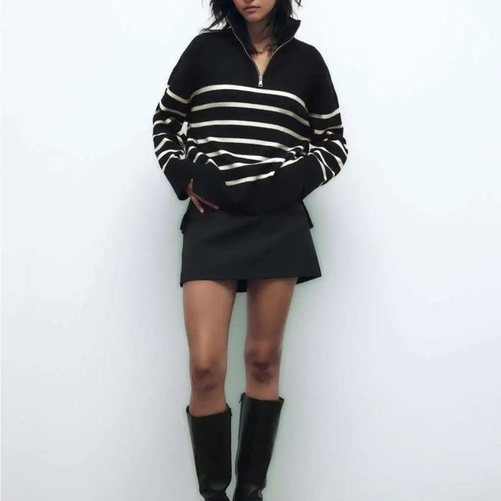 Zara Black & White Striped Zip Sweater